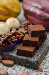 A variety of homemade chocolates are displayed on a tray next to a cocoa pod and cocoa beans.