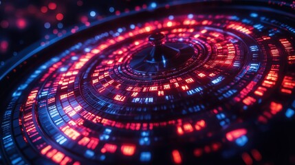 Crypto roulette wheel shows collapse with arrows indicating financial risk in a futuristic digital environment
