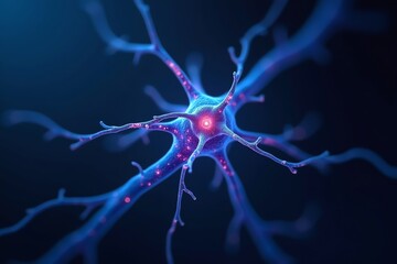 A clean, detailed neuron with glowing connections on a black or gradient background, modern and minimal style, vibrant blue and purple