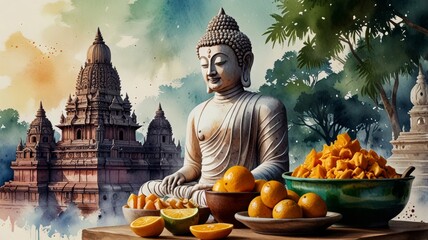 Bihar day watercolor poster illustration with buddha statue and temple.