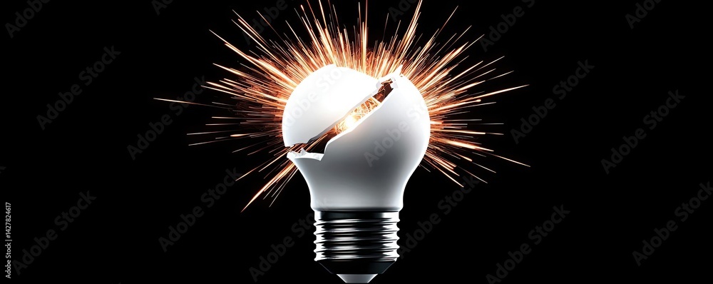 Aufkleber Explosion of lightbulb showing filament and invention concept. A broken light bulb sparks with energy and creativity.