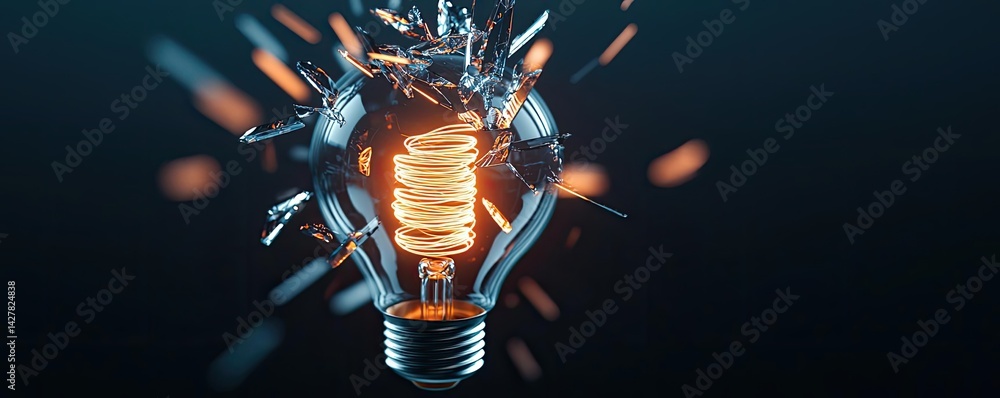 Poster Explosion of lightbulb showing filament and invention concept. A shattered lightbulb with glowing filament against a dark backdrop.