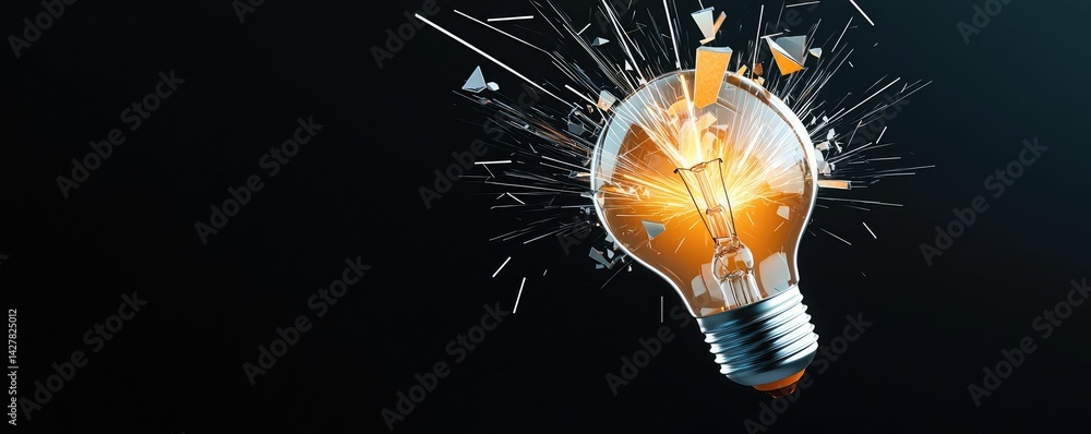 Poster explosion of lightbulb with creative invention impact concept. shattered light bulb with sparks, sym