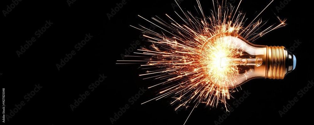 Poster explosion of lightbulb with creative invention impact concept. bright light bulb emitting sparks on 