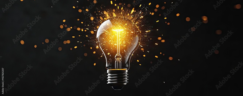 Aufkleber Explosion of lightbulb showing filament and invention concept. An illuminated light bulb radiating creativity and innovation.
