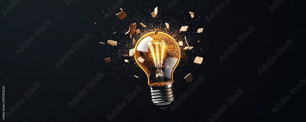 Poster explosion of lightbulb showing filament and invention concept. an innovative light bulb shattering, 