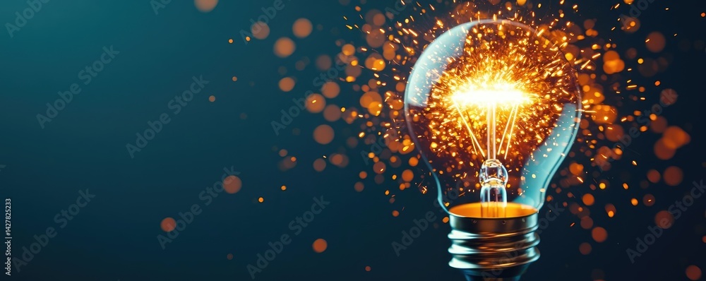 Poster explosion of lightbulb in electric high-speed burst concept. a glowing light bulb surrounded by spar