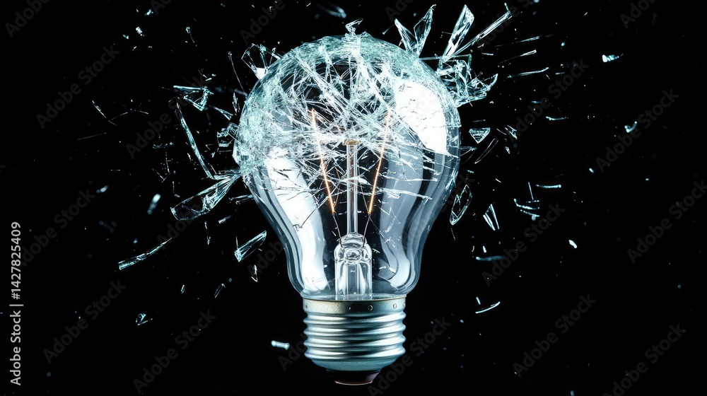 Poster explosion of lightbulb with creative invention impact concept. a shattered light bulb surrounded by 