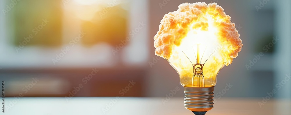 Poster explosion of lightbulb in electric high-speed burst concept. an innovative light bulb emitting spark