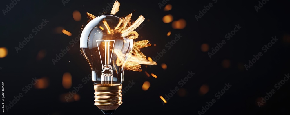Aufkleber Explosion of lightbulb showing filament and invention concept. Shattered light bulb with sparks illuminating innovation and creativity.