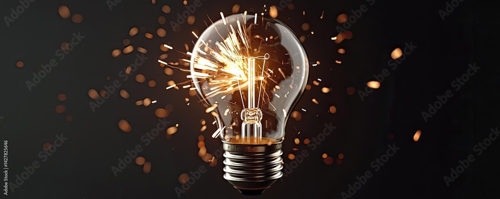 Poster Explosion of lightbulb showing filament and invention concept. A light bulb sparking with bright sparks in a dark environment.