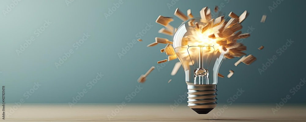 Poster explosion of lightbulb showing filament and invention concept. an exploding light bulb symbolizes in