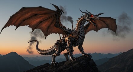 Steampunk Dragon: Majestic Mechanical Beast at Sunset