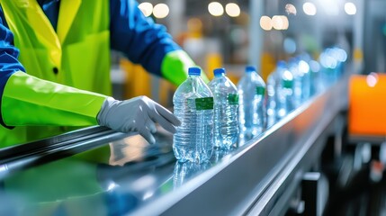 Male worker in a neon vest manages bottled water on a production line.