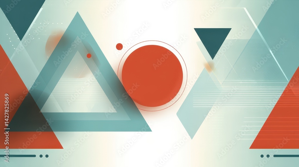 Poster dynamic graphic design, vibrant red circle and triangles in abstract geometric composition