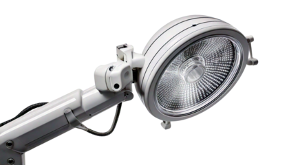 A medical examination light featuring an adjustable arm isolated on transparent background