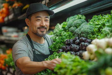 Smiling male grocer working with fresh green vegetables in supermarket produce section
