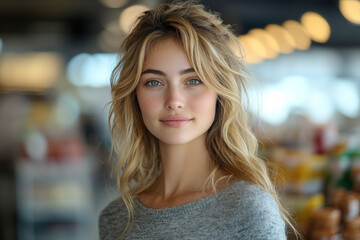 Fototapeta premium Smiling blonde young woman posed naturally with blurred background of indoor lighting