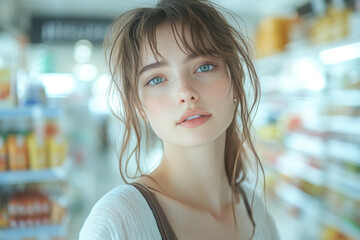 Young female in casual attire with soft expression inside grocery store