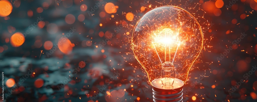 Poster explosion of lightbulb with creative invention impact concept. a glowing light bulb emitting bright 