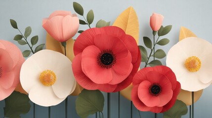 Vibrant blue backdrop showcases a stunning bouquet of colorful paper flowers 