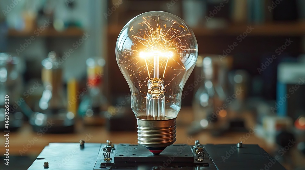 Poster explosion of lightbulb in electric high-speed burst concept. bright light bulb illuminating a worksp