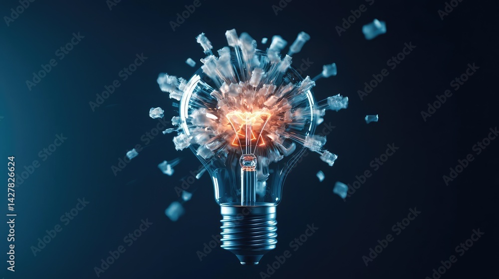 Poster Explosion of lightbulb in electric high-speed burst concept. A dynamic light bulb exploding with vibrant energy and sparks.