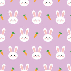 Seamless pattern with cute white rabbits and orange carrots on a light purple background