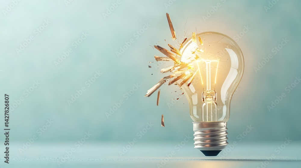 Poster explosion of lightbulb in electric high-speed burst concept. a shattered lightbulb emitting bright l