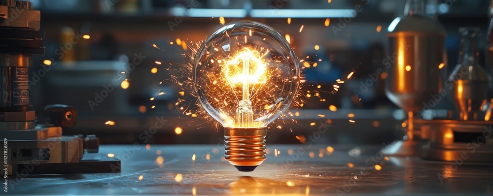 Aufkleber Explosion of lightbulb in electric high-speed burst concept. Illuminated light bulb with sparks in a laboratory setting.