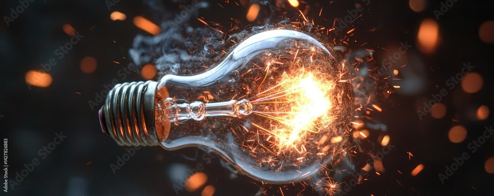 Poster Explosion of lightbulb showing filament and invention concept. Illuminated light bulb with sparks showcasing energy and innovation.
