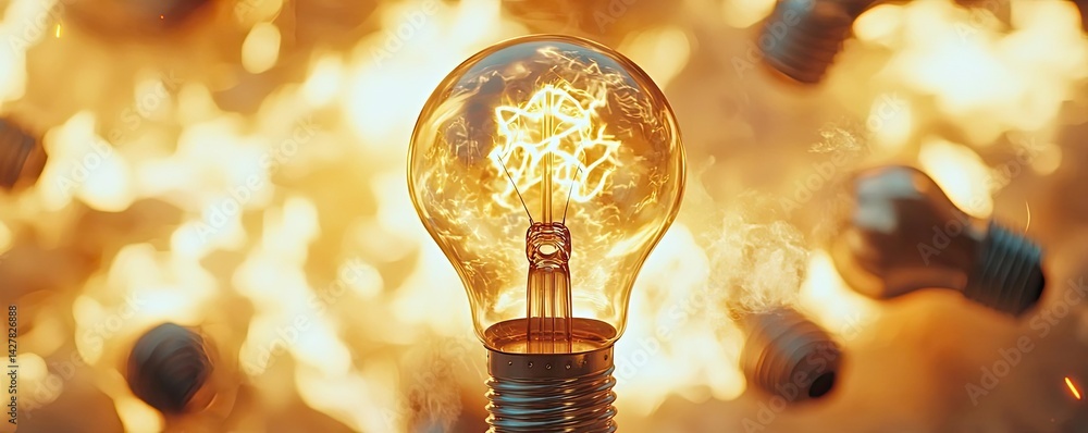 Poster explosion of lightbulb showing filament and invention concept. a glowing light bulb amid a dramatic 