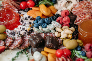 Charcuterie close-up with meats, fruits, cheeses, and nut medley.
