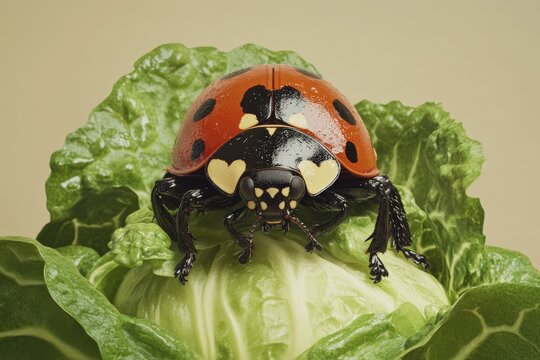 Close-up of a ladybug on a head of lettuce.