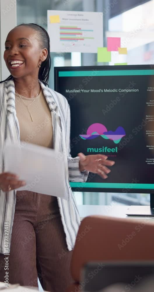 Fototapete Presentation, proposal and business woman in meeting for tech startup, music app prototype and project. Developers, sound search algorithm and discussion with screen in office for programmer pitch