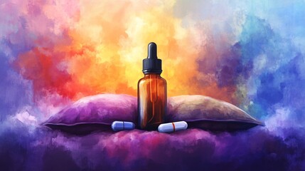 artistic illustration of medicine and pills on bed with pillow at sunset background