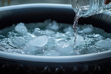 hands with glass jug fill a barrel with water and ice. Cold therapy, wellness and recovery routine. Relaxation and detox concept