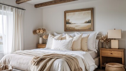 A luxury bedroom interior in a comfortable home features a bed with pillows, a lamp, and stylish decor
