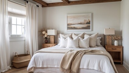 A luxury bedroom interior in a comfortable home features a bed with pillows, a lamp, and stylish decor