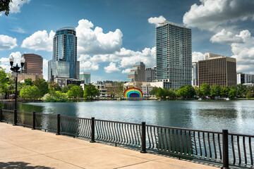 Orlando Florida paths along the water of Lake Eola park in downtown
