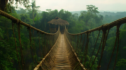 Fototapeta premium Jungle Rope Bridge: Trek Across Lush Canopy