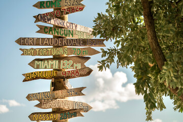Wooden travel signpost with global city distances for tourists