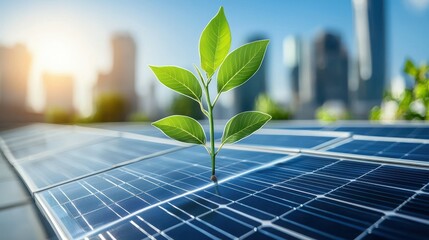 Fototapeta premium A vibrant green sapling growing on solar panels, symbolizing renewable energy.