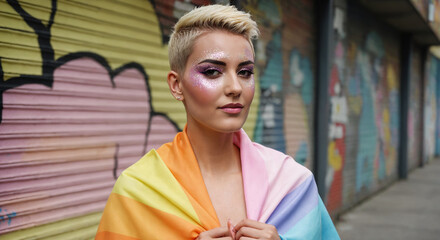 Trans woman with buzzcut and pride flag posing in front of graffiti wall