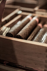 Pile of new cigars in wooden boxes piled up