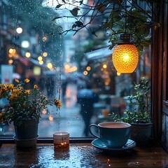 Cozy rainy day tea shop with glowing lantern in window