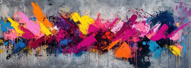 Graffiti-inspired abstract artwork features bold splashes of pink, yellow, orange, and blue overlapping against a textured gray background, creating an energetic urban feel