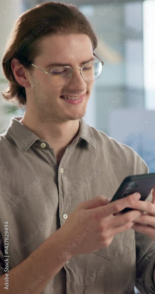 Poster Man, phone and texting at office with networking, click and check notification for deal at tech startup. Person, smartphone and scroll on mobile app with smile, contact and social media at company