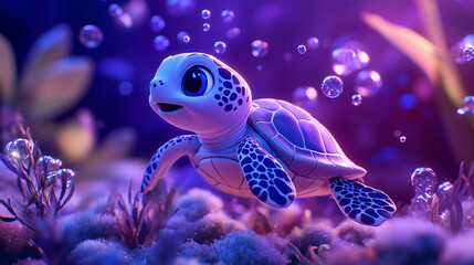 Adorable baby sea turtle swimming underwater magical purple ocean scene with bubbles 3D render