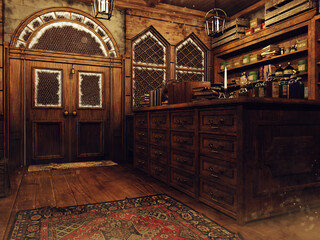 Door and wooden counter in a fantasy medieval magic shop with bottles and books of spells. Made from 3d resources and painted elements. No AI used. 
